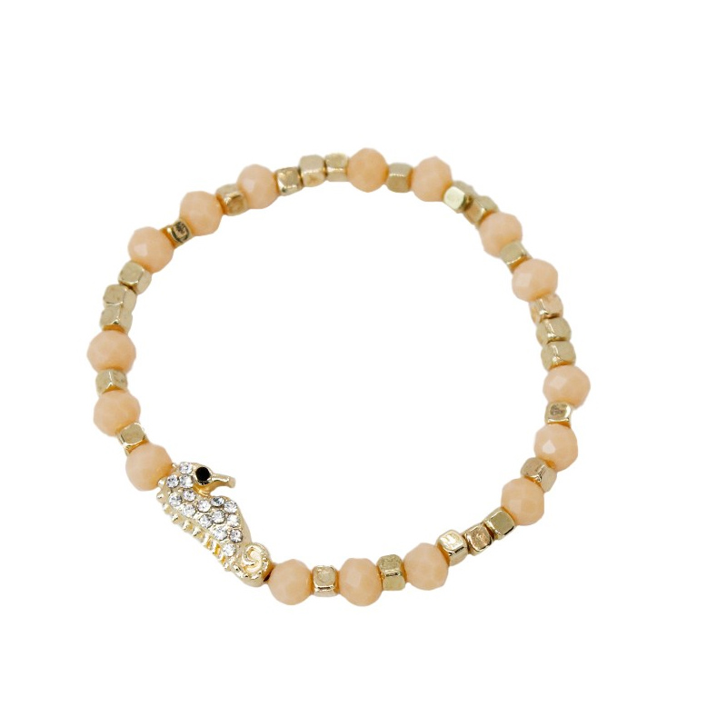 Pulsera Elastica Salmon y Dorada con Caballito de Mar con Strass