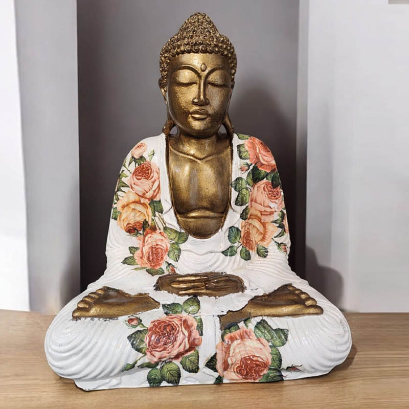 Buda Dorado Manto Blanco con Flores Resina 40cm