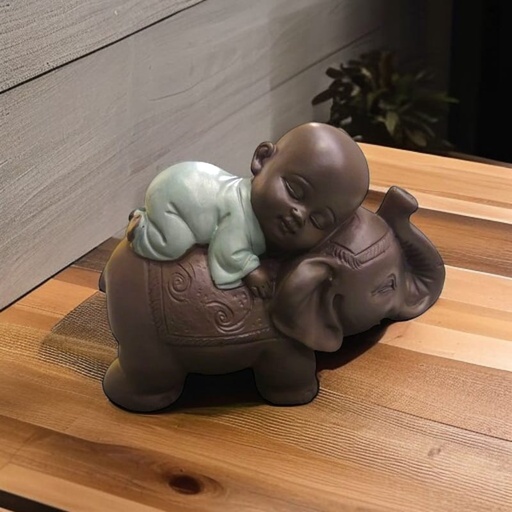 Buda Bebe Negro con Elefante Manto Verde 9cm
