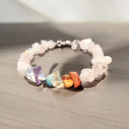 Pulsera Gema Cuarzo Rosa con 7 Chakras