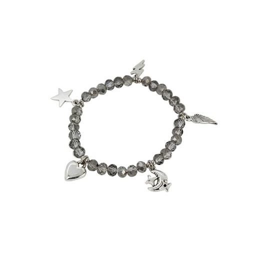 [84827] Pulsera Elastica Gris con Corazon, Luna y Dijes Varios